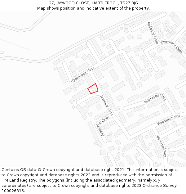 27, JAYWOOD CLOSE, HARTLEPOOL, TS27 3JG: Location map and indicative extent of plot