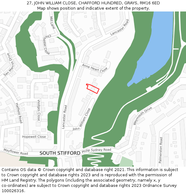 27, JOHN WILLIAM CLOSE, CHAFFORD HUNDRED, GRAYS, RM16 6ED: Location map and indicative extent of plot