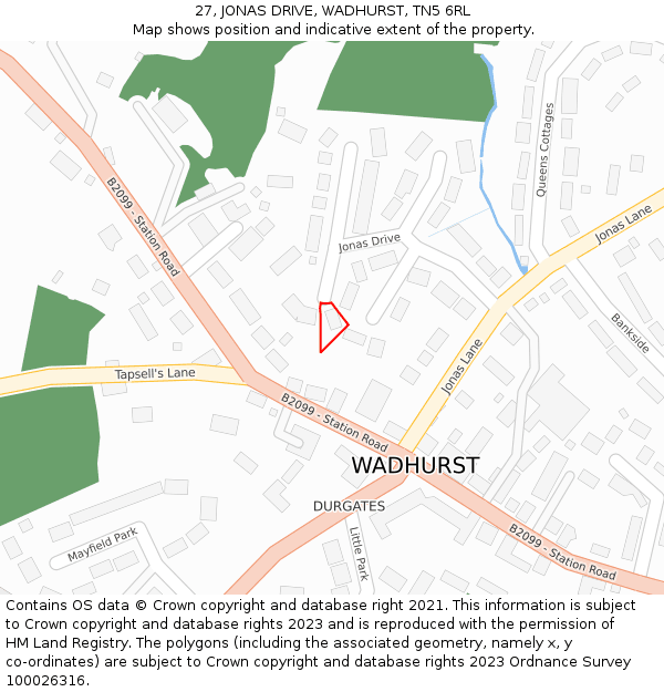 27, JONAS DRIVE, WADHURST, TN5 6RL: Location map and indicative extent of plot