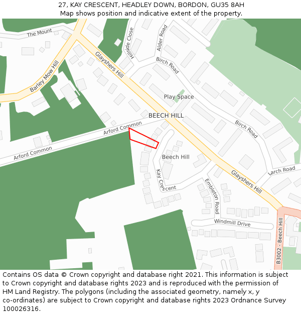 27, KAY CRESCENT, HEADLEY DOWN, BORDON, GU35 8AH: Location map and indicative extent of plot