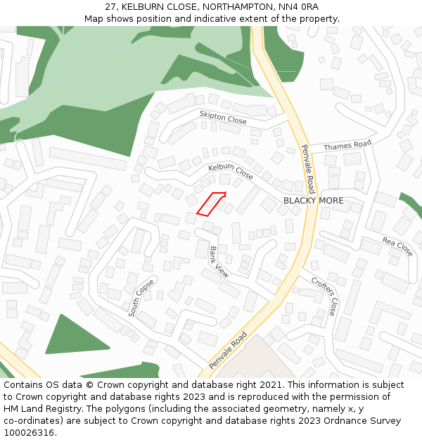 27, KELBURN CLOSE, NORTHAMPTON, NN4 0RA: Location map and indicative extent of plot