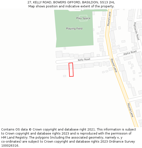 27, KELLY ROAD, BOWERS GIFFORD, BASILDON, SS13 2HL: Location map and indicative extent of plot