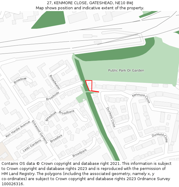 27, KENMORE CLOSE, GATESHEAD, NE10 8WJ: Location map and indicative extent of plot