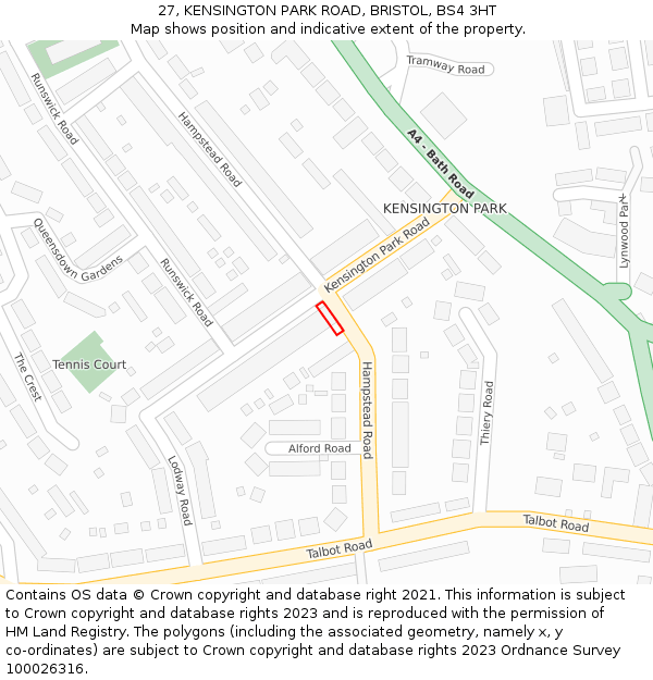 27, KENSINGTON PARK ROAD, BRISTOL, BS4 3HT: Location map and indicative extent of plot