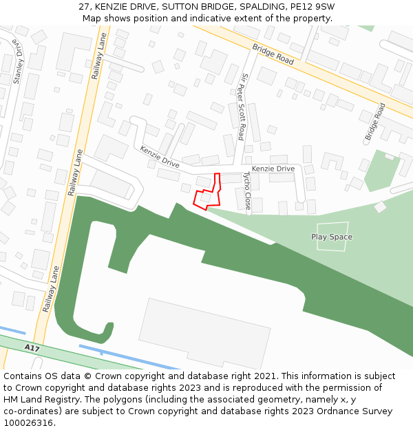 27, KENZIE DRIVE, SUTTON BRIDGE, SPALDING, PE12 9SW: Location map and indicative extent of plot