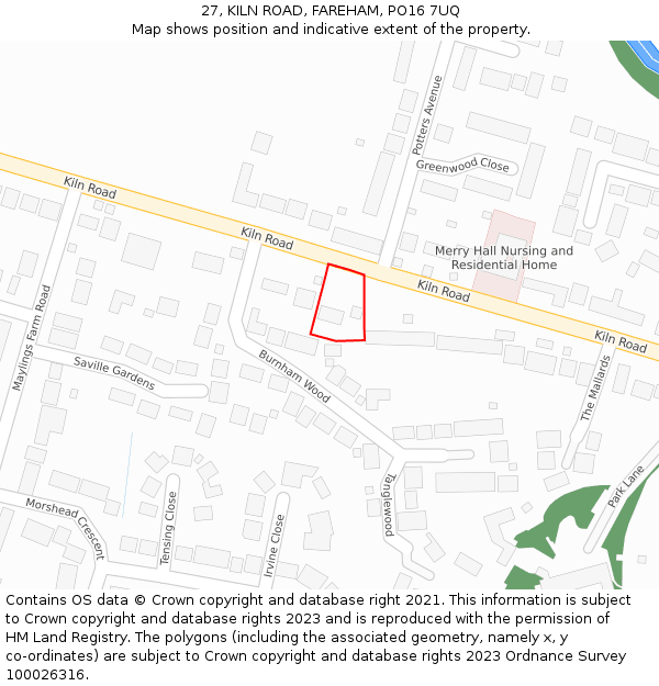 27, KILN ROAD, FAREHAM, PO16 7UQ: Location map and indicative extent of plot