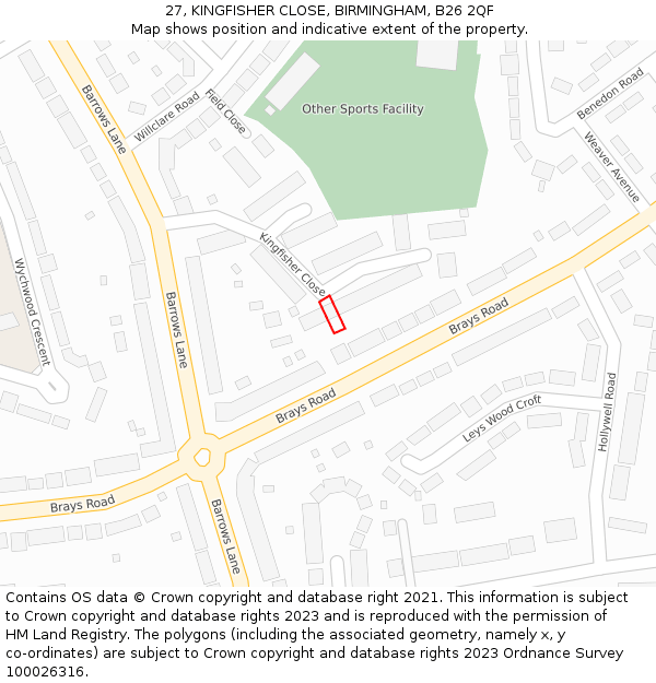 27, KINGFISHER CLOSE, BIRMINGHAM, B26 2QF: Location map and indicative extent of plot