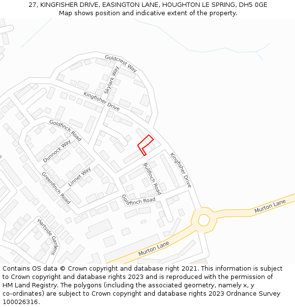 27, KINGFISHER DRIVE, EASINGTON LANE, HOUGHTON LE SPRING, DH5 0GE: Location map and indicative extent of plot