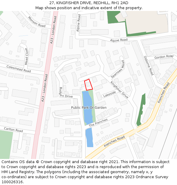 27, KINGFISHER DRIVE, REDHILL, RH1 2AD: Location map and indicative extent of plot
