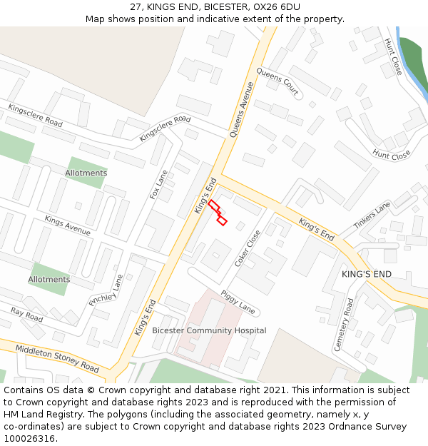 27, KINGS END, BICESTER, OX26 6DU: Location map and indicative extent of plot