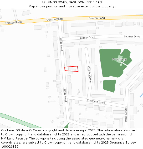 27, KINGS ROAD, BASILDON, SS15 4AB: Location map and indicative extent of plot
