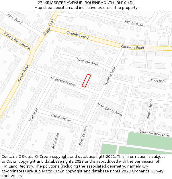 27, KINGSBERE AVENUE, BOURNEMOUTH, BH10 4DL: Location map and indicative extent of plot