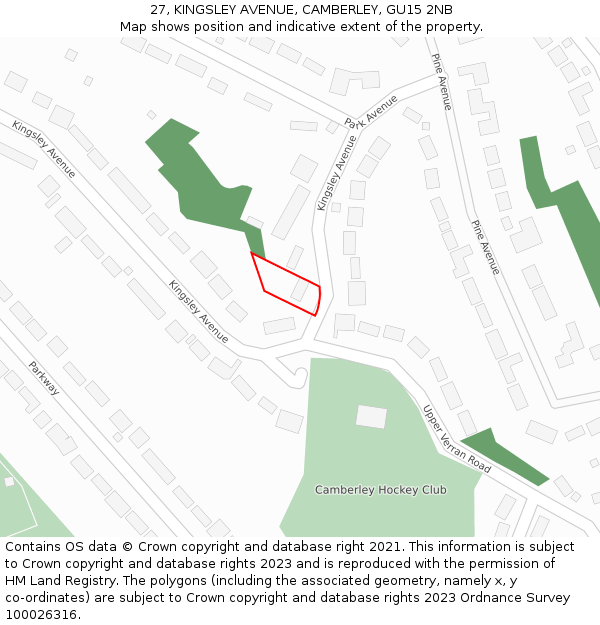 27, KINGSLEY AVENUE, CAMBERLEY, GU15 2NB: Location map and indicative extent of plot