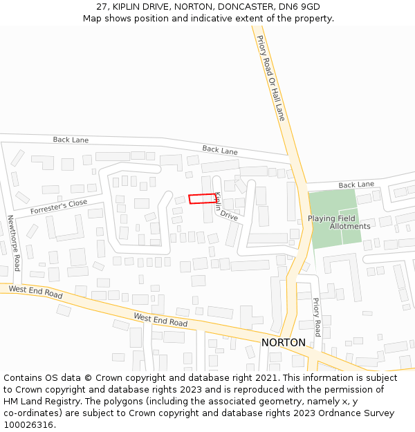 27, KIPLIN DRIVE, NORTON, DONCASTER, DN6 9GD: Location map and indicative extent of plot