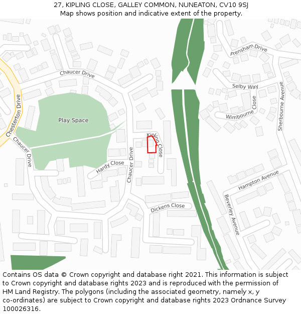 27, KIPLING CLOSE, GALLEY COMMON, NUNEATON, CV10 9SJ: Location map and indicative extent of plot