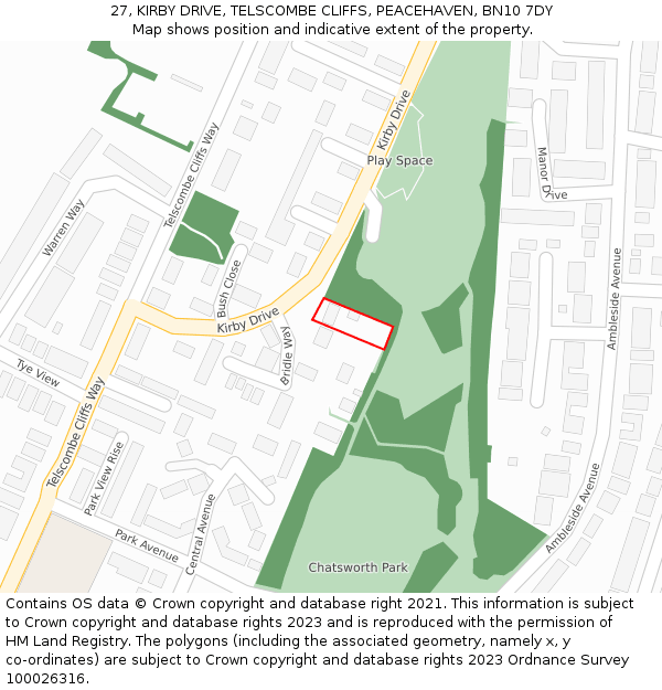 27, KIRBY DRIVE, TELSCOMBE CLIFFS, PEACEHAVEN, BN10 7DY: Location map and indicative extent of plot