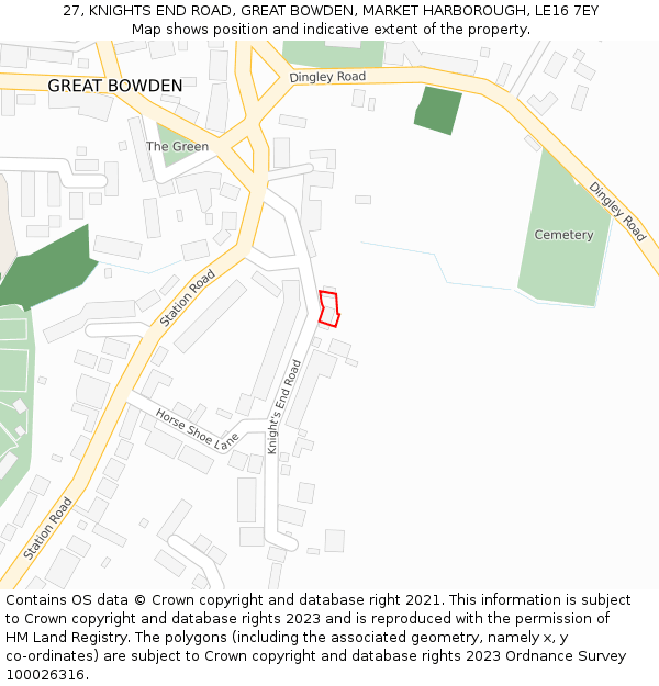 27, KNIGHTS END ROAD, GREAT BOWDEN, MARKET HARBOROUGH, LE16 7EY: Location map and indicative extent of plot
