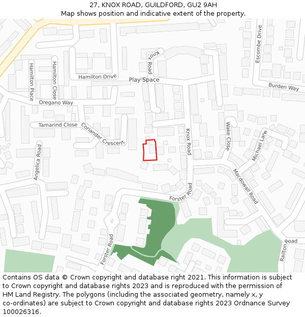 27, KNOX ROAD, GUILDFORD, GU2 9AH: Location map and indicative extent of plot