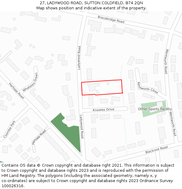 27, LADYWOOD ROAD, SUTTON COLDFIELD, B74 2QN: Location map and indicative extent of plot