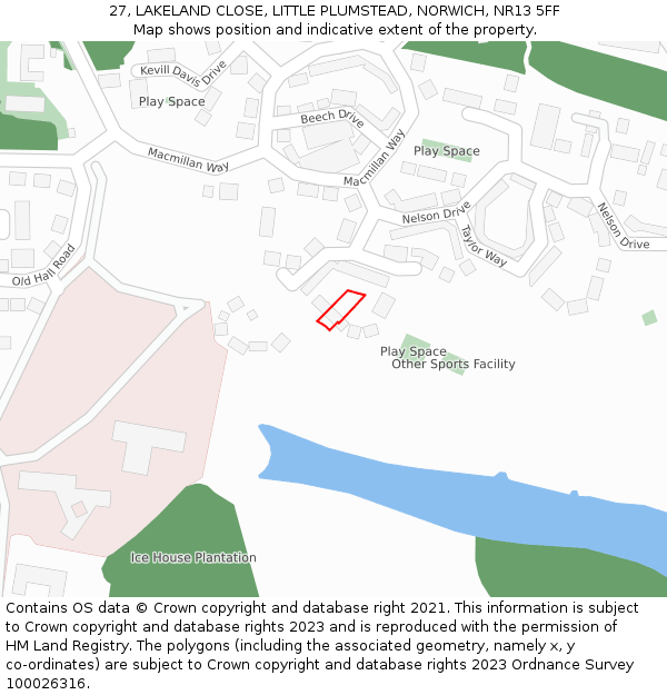 27, LAKELAND CLOSE, LITTLE PLUMSTEAD, NORWICH, NR13 5FF: Location map and indicative extent of plot