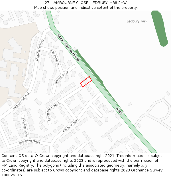 27, LAMBOURNE CLOSE, LEDBURY, HR8 2HW: Location map and indicative extent of plot