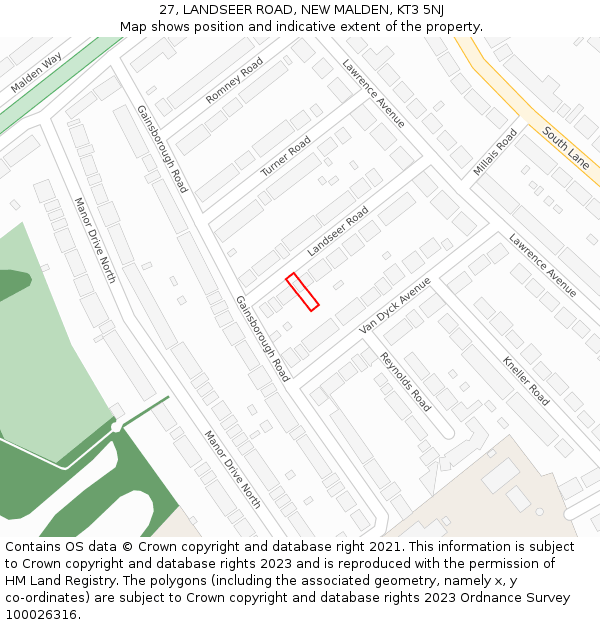 27, LANDSEER ROAD, NEW MALDEN, KT3 5NJ: Location map and indicative extent of plot