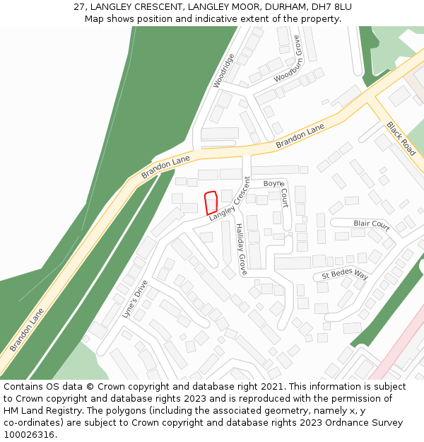 27, LANGLEY CRESCENT, LANGLEY MOOR, DURHAM, DH7 8LU: Location map and indicative extent of plot