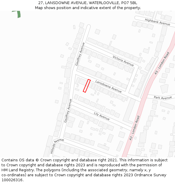27, LANSDOWNE AVENUE, WATERLOOVILLE, PO7 5BL: Location map and indicative extent of plot