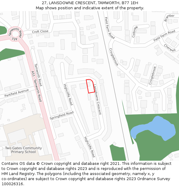 27, LANSDOWNE CRESCENT, TAMWORTH, B77 1EH: Location map and indicative extent of plot