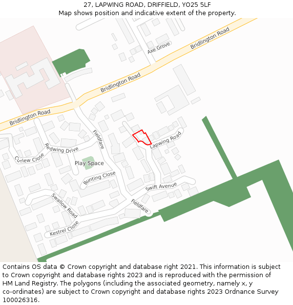 27, LAPWING ROAD, DRIFFIELD, YO25 5LF: Location map and indicative extent of plot