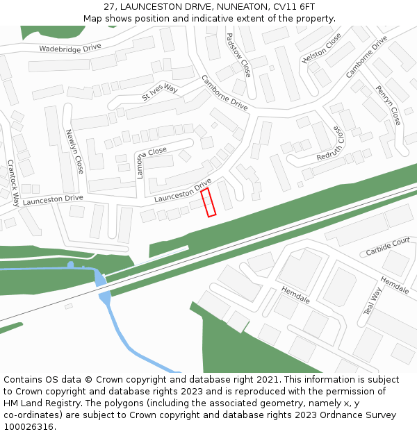 27, LAUNCESTON DRIVE, NUNEATON, CV11 6FT: Location map and indicative extent of plot