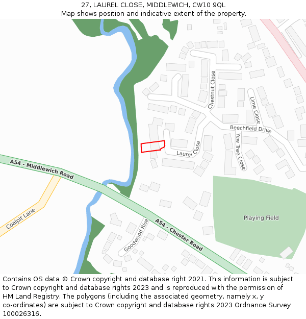 27, LAUREL CLOSE, MIDDLEWICH, CW10 9QL: Location map and indicative extent of plot