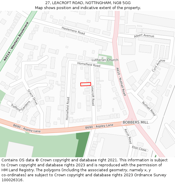 27, LEACROFT ROAD, NOTTINGHAM, NG8 5GG: Location map and indicative extent of plot