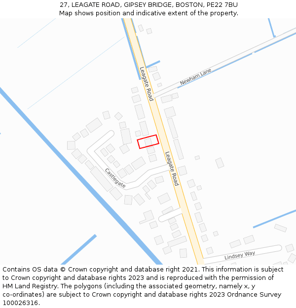 27, LEAGATE ROAD, GIPSEY BRIDGE, BOSTON, PE22 7BU: Location map and indicative extent of plot