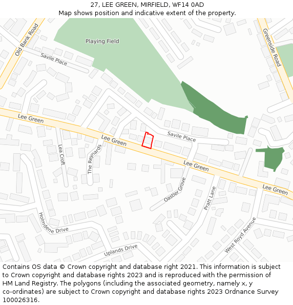 27, LEE GREEN, MIRFIELD, WF14 0AD: Location map and indicative extent of plot