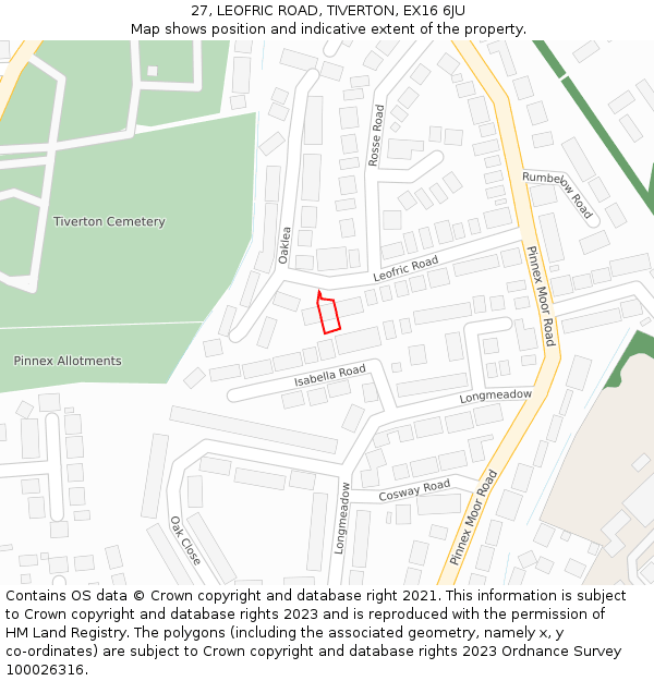 27, LEOFRIC ROAD, TIVERTON, EX16 6JU: Location map and indicative extent of plot