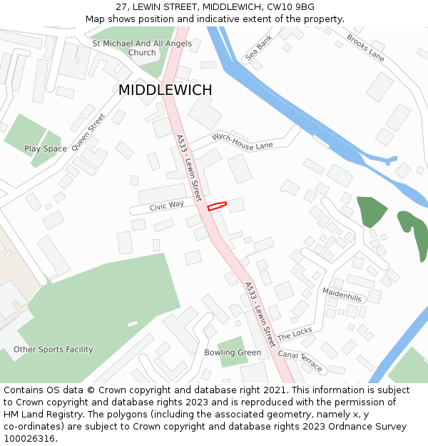 27, LEWIN STREET, MIDDLEWICH, CW10 9BG: Location map and indicative extent of plot