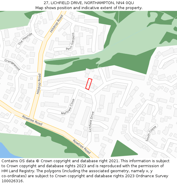 27, LICHFIELD DRIVE, NORTHAMPTON, NN4 0QU: Location map and indicative extent of plot