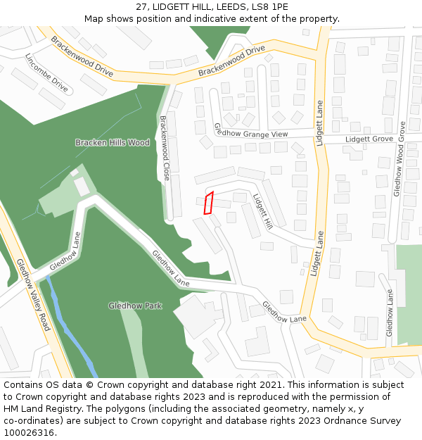 27, LIDGETT HILL, LEEDS, LS8 1PE: Location map and indicative extent of plot