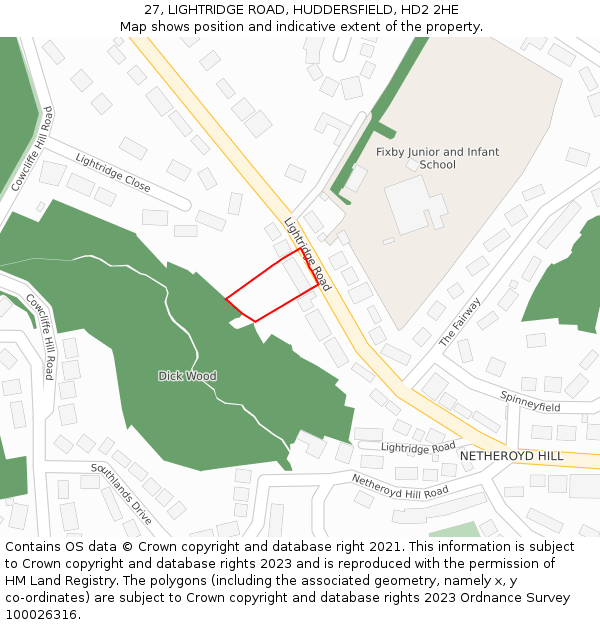 27, LIGHTRIDGE ROAD, HUDDERSFIELD, HD2 2HE: Location map and indicative extent of plot