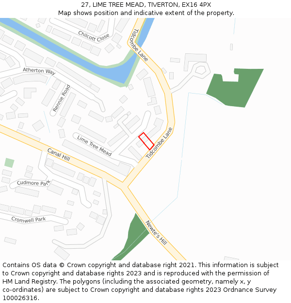 27, LIME TREE MEAD, TIVERTON, EX16 4PX: Location map and indicative extent of plot