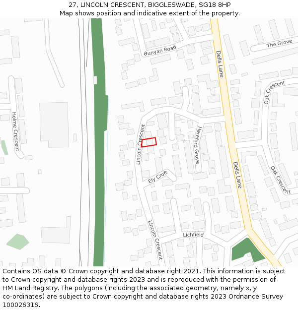 27, LINCOLN CRESCENT, BIGGLESWADE, SG18 8HP: Location map and indicative extent of plot