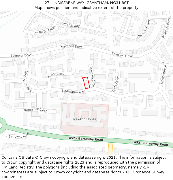 27, LINDISFARNE WAY, GRANTHAM, NG31 8ST: Location map and indicative extent of plot