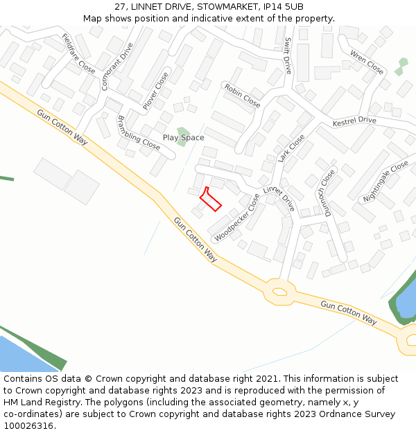 27, LINNET DRIVE, STOWMARKET, IP14 5UB: Location map and indicative extent of plot