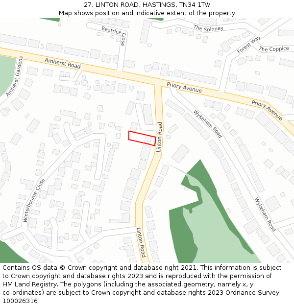 27, LINTON ROAD, HASTINGS, TN34 1TW: Location map and indicative extent of plot