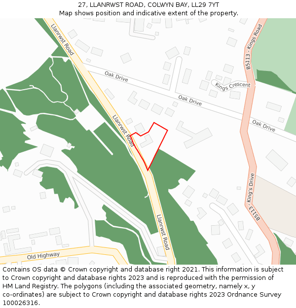 27, LLANRWST ROAD, COLWYN BAY, LL29 7YT: Location map and indicative extent of plot