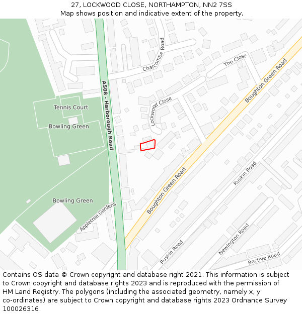 27, LOCKWOOD CLOSE, NORTHAMPTON, NN2 7SS: Location map and indicative extent of plot