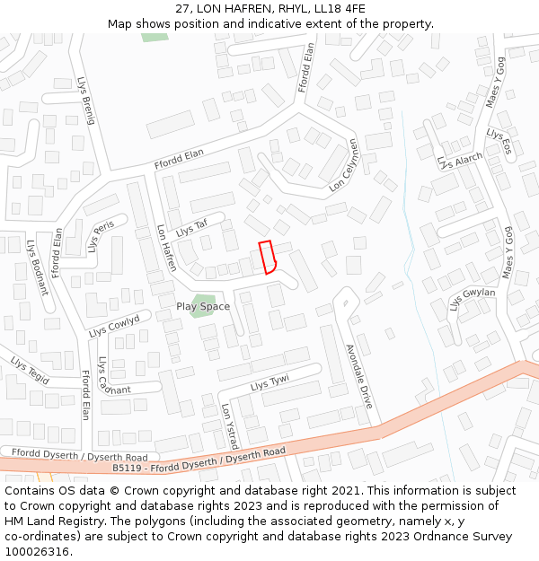 27, LON HAFREN, RHYL, LL18 4FE: Location map and indicative extent of plot