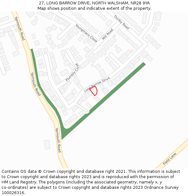 27, LONG BARROW DRIVE, NORTH WALSHAM, NR28 9YA: Location map and indicative extent of plot