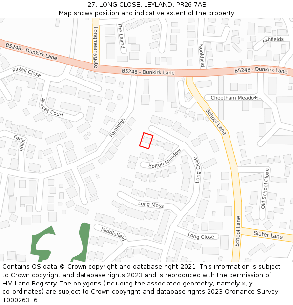 27, LONG CLOSE, LEYLAND, PR26 7AB: Location map and indicative extent of plot